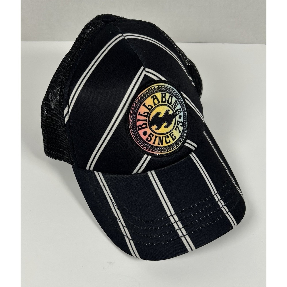 Billabong Womens Trucker Hat Mesh Snapback Black White Stripes Logo NICE!